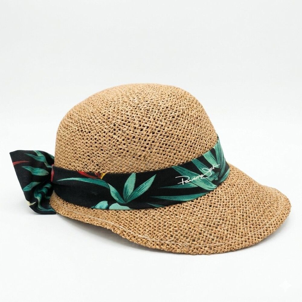 Vintage Panama Jack Straw Hat Made in USA Womens Tropical Floral Bow Sun Beach
